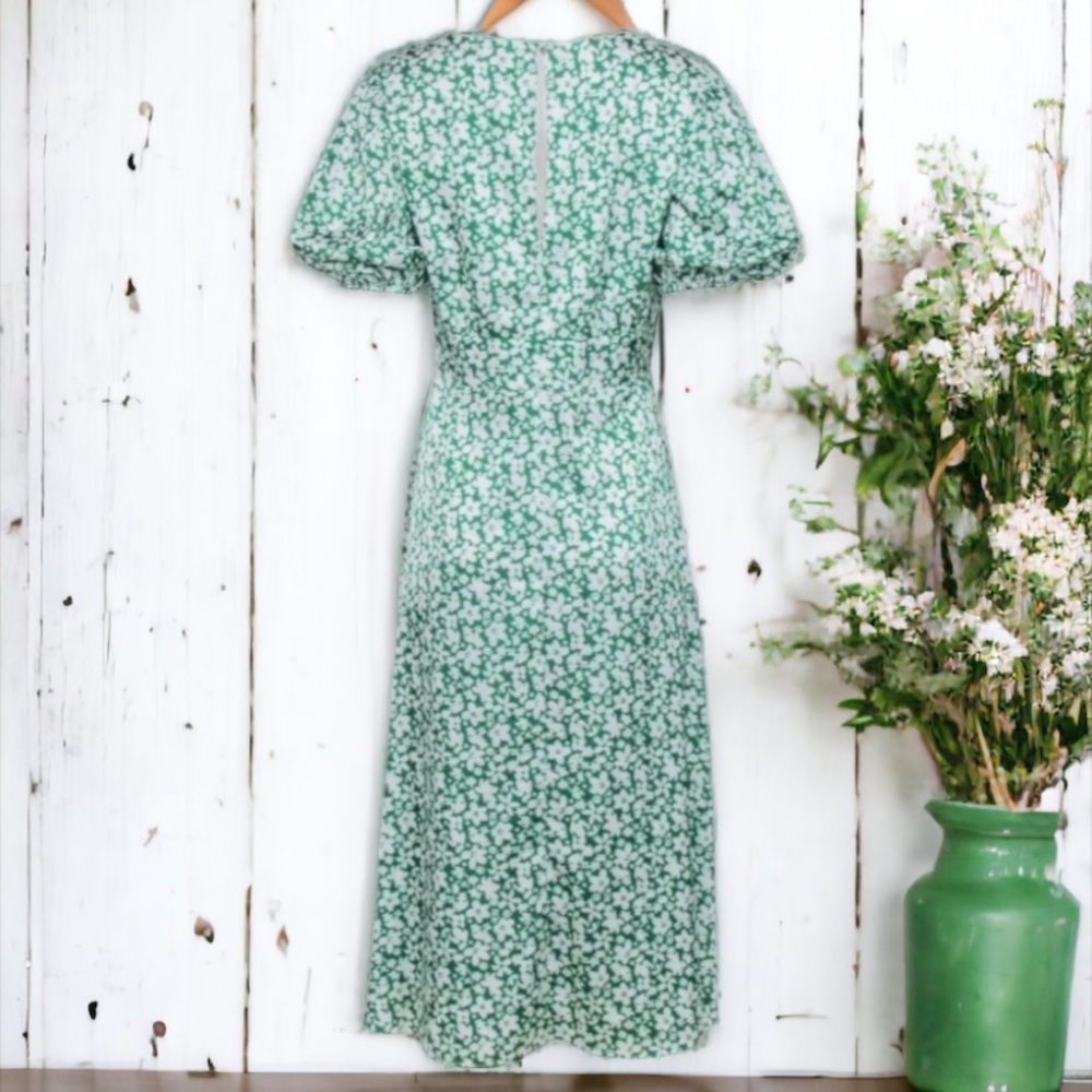 Alexia Admor Green & White Floral Puff Sleeve Slit Front Maxi Dress Size 4 - Picture 9 of 13